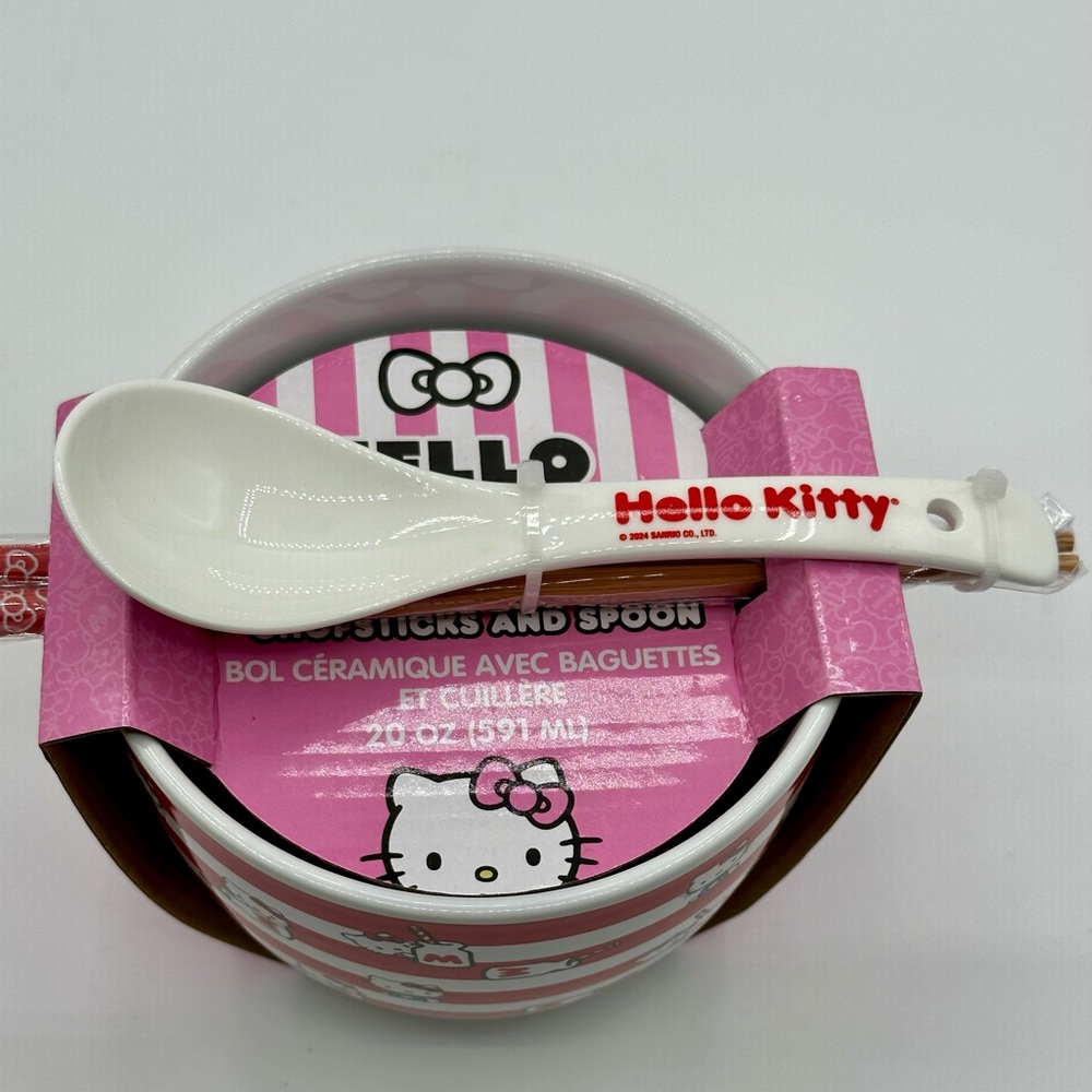 COPY - Hello Kitty Ceramic Ramen Noodle Bowl W Spoon Chopsticks Sanrio NEW Pink…